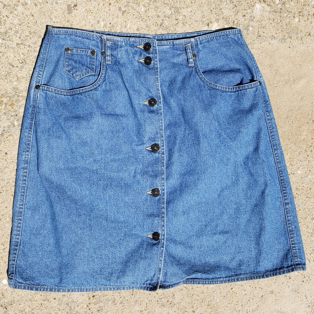 Vintage 90s Button Front A Line Denim Midi/Mini Skirt
